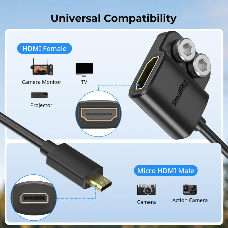SMALLRIG Data Cable Ultra-Slim 4K 60Hz Micro HDMI to Full-Size HDMI Adapter Cable with Two 1/4"-20 Screws for Camera Cage L-Bracket, for Sony A7R IV A7III for Fujifilm X-T3-6125 D to A（30cm）
