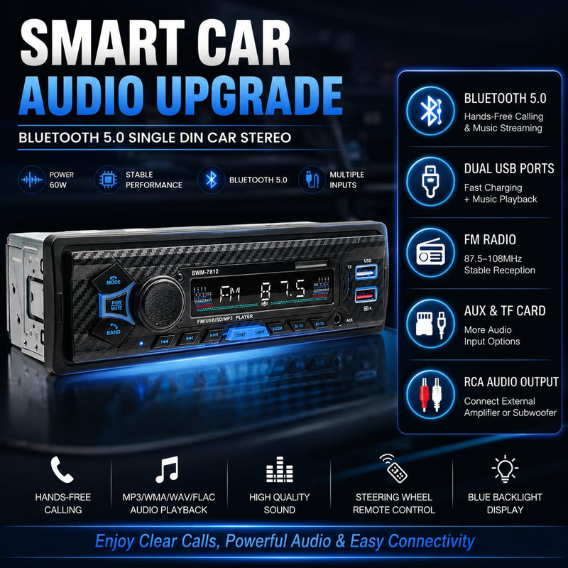 Single Din Car Radio Stereo with Bluetooth | AI Voice Control, Steering Wheel Control, FM Radio, USB Fast Charging, AUX Input & Subwoofer Output