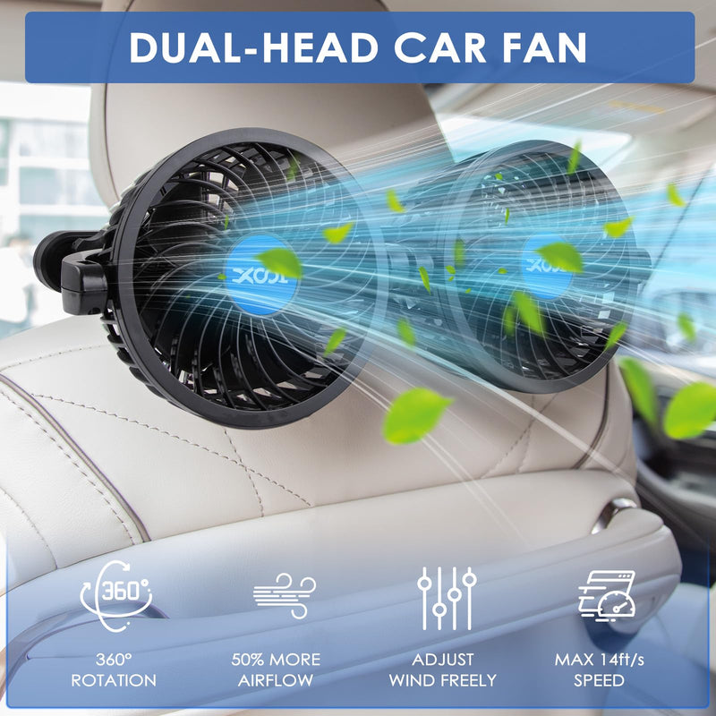 XOOL USB Dual Head Backseat Car Fan – 360° Rotatable Rear Seat Air Circulator with Stepless Speed & Adjustable Clip for Kids in SUV, Truck, RV USB Dual Fan - Rear (Stepless)