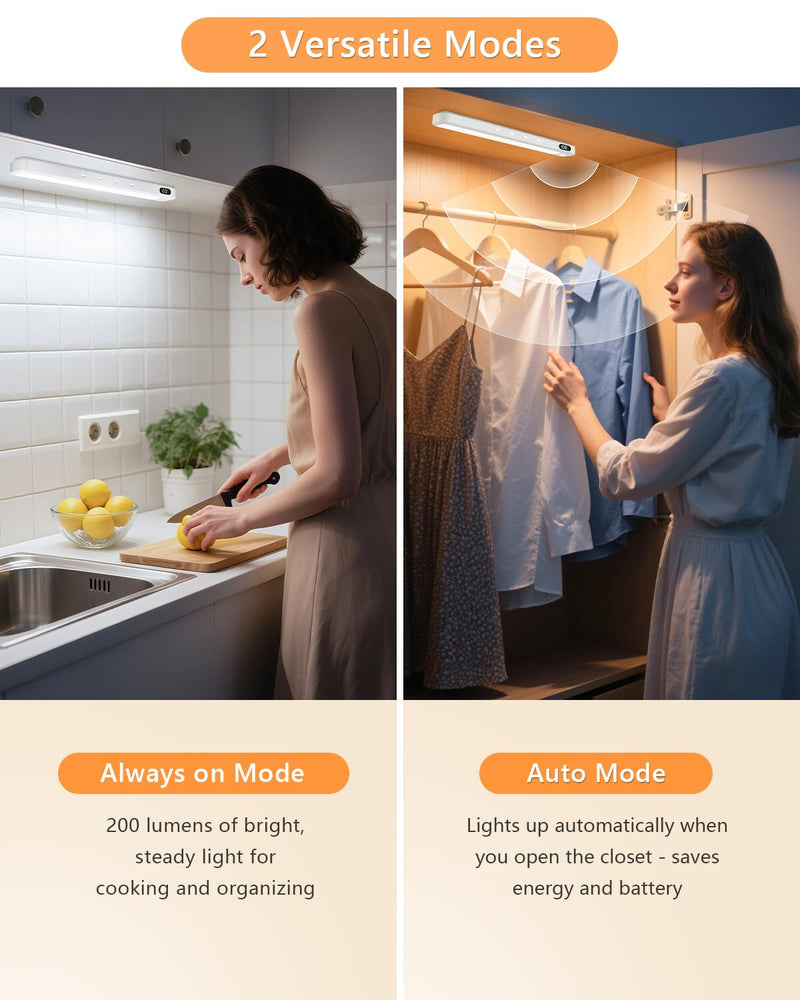 WILLED Under Cabinet & Closet Lights, Motion Sensor, Rechargeable, Magnetic, 3 Color Temps, Dimmable LED Light Bar for Indoor Kitchen Counter (4 Pack, White) 4 Pack