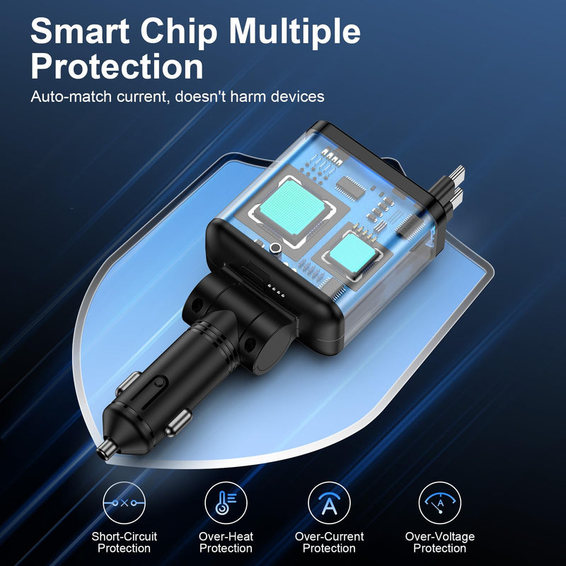Retractable Car Charger with Starlight for Samsung Galaxy S26 Ultra/A17/A16 | 47W Starlight in Car Roof 4 in 1 Super Fast USB C & USB A Car Phone Charger Adapter for iPhone 17e/16e/17/16/15/14/13 Pro Max black
