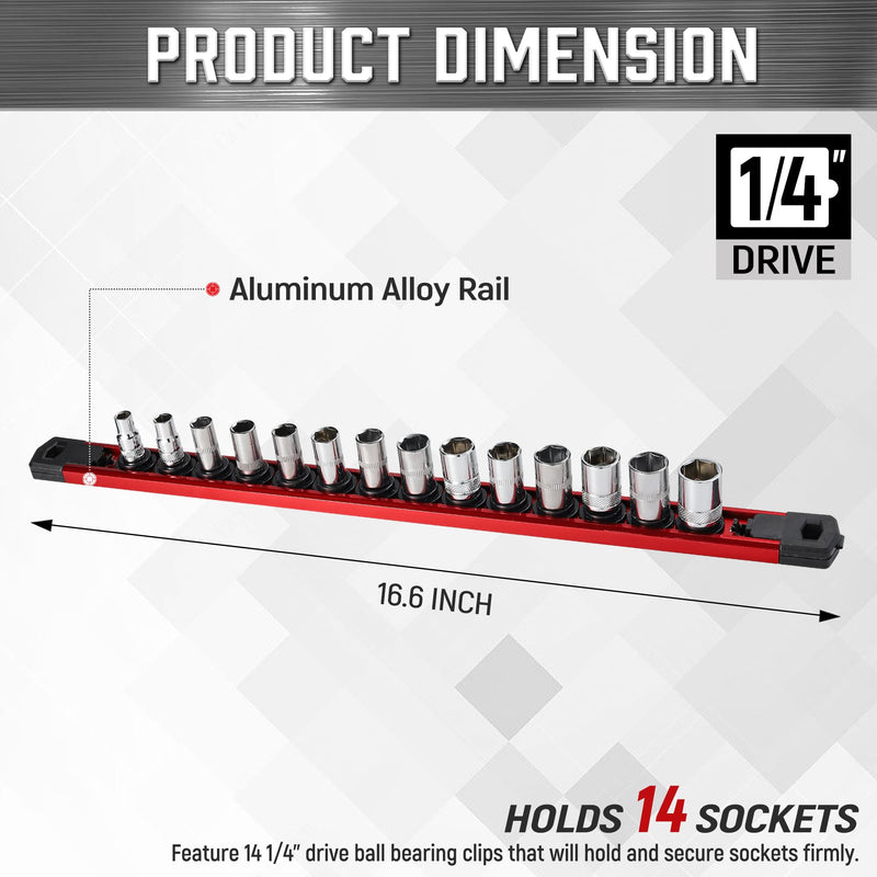 ALOANES 3/8-Inch Drive Magnetic Socket Organizer, Heavy Duty Aluminum Socket Rail Organizer, 360° Swivel Clips Socket Holder Kit for Tool Box, 3/8-Inch Socket Holder x 14 Clips (Red) Red