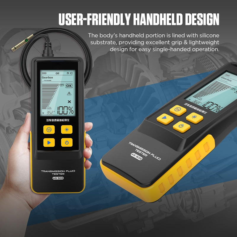 Transmission Fluid Tester AS505 Gearbox Oil Quality Test Detector,Car Transmission Fluid Transparency Detector Fluid Transparency Analyzer with 800mm Probe,Oil Temp. & Transmittance Display,2.8" LCD
