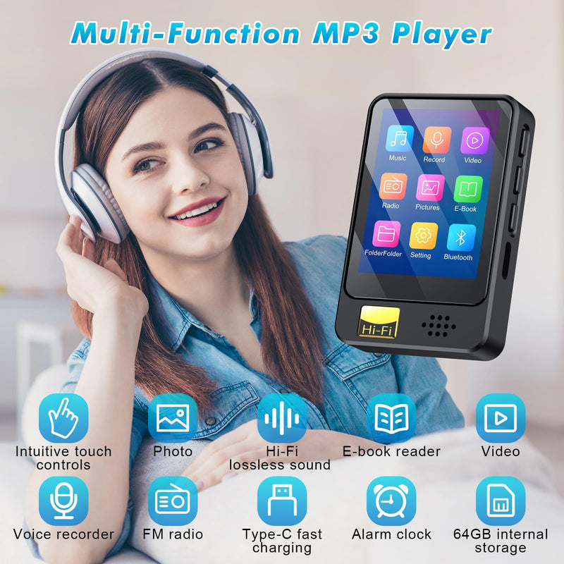 Fohil 64 GB MP3 Player with Bluetooth 5.2, HiFi Sound Quality MP3 Player | 128GB TF Card Expansion, FM Radio and E-Book Reader, Built-In Speaker; Best Gift for Music Lovers 64.0 GB