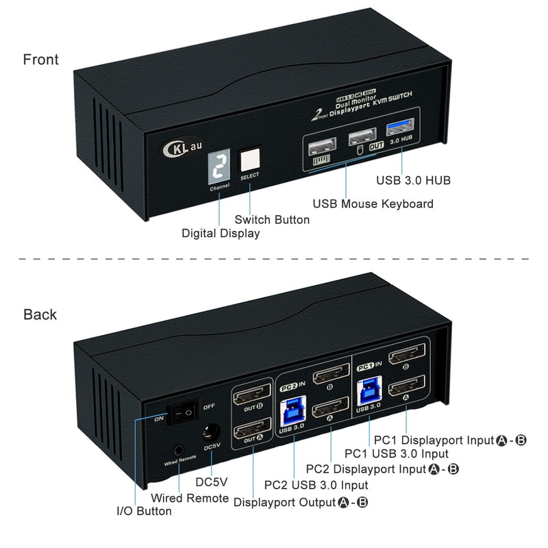 CKLau USB 3.0 2 Port Displayport KVM Switch 2 Monitor 2 Computers 4K60Hz 2K144Hz with Cables, DP 1.2 KVM Dual Monitor Keyboard Mouse Video Peripheral Switcher Box