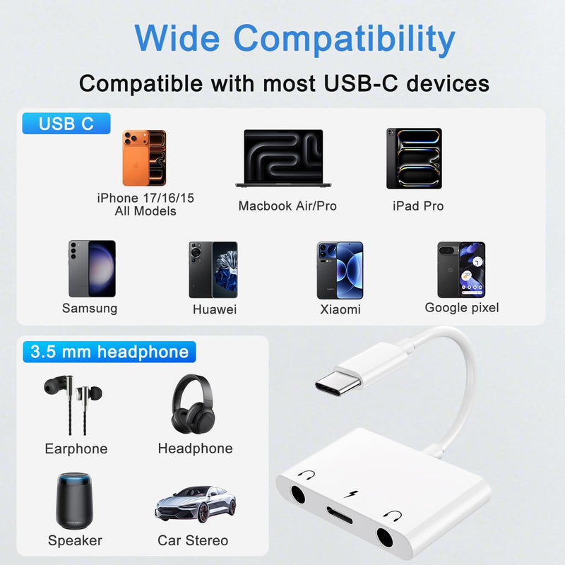 Kemsky USB C Double Headphone Splitter with PD 60W Fast Charging | 3 in 1 Type C to Dual 3.5mm Jacks Audio Adapter for iPhone 17/16/15 Pro/Max/Plus, iPad, Galaxy S23/S24/S25/S26 Ultra