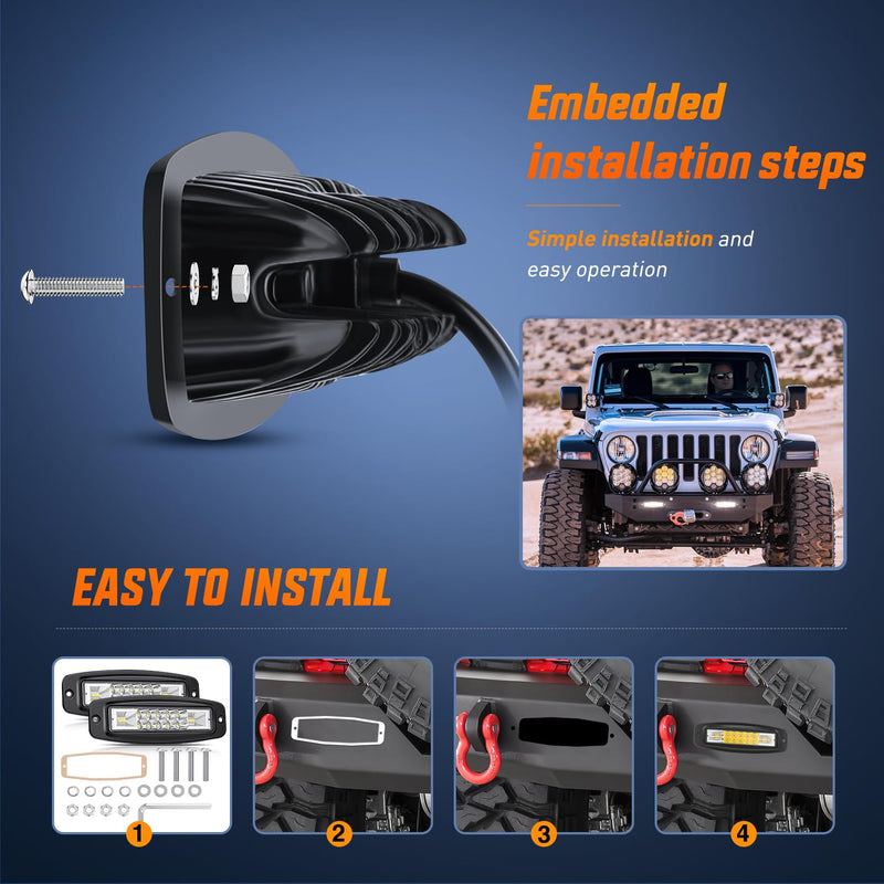 Nilight Flush Mount LED Pods 2PCS 6 Inch 60W LED Work Light Flood Spot Beam Combo Backup Driving Lights Fog Lamp Reverse Grill Mount Lighting for Offroad 4x4 Truck SUV 2Pcs 20LEDs LED Pods