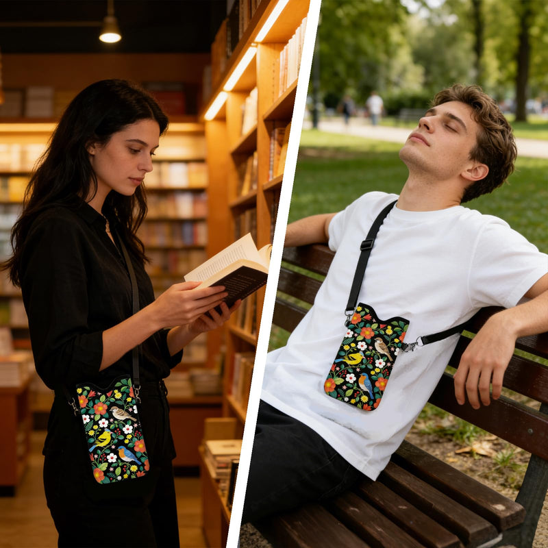 GLOBLELAND Flowers and Birds Cell Phone Sleeve Pouch Case Bag with Crossbody Strap Neck Lanyard for Women Men Flowers Birds