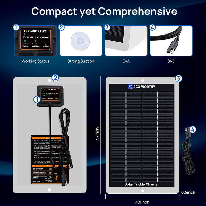 ECO-WORTHY Solar Battery Charger 12 Volt Waterproof Portable Power Solar Panel Solar Trickle Car Battery Charger Maintainer for Car Truck Boat RV Motorcycle Marine Trailer Battery，Plug and Play 2.5W