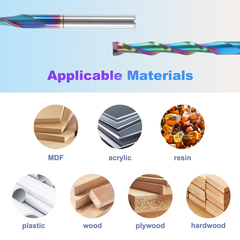 10 Pcs 1/8 inch Shank CNC Up-Cut Router Bits, 2 Flutes Spiral Solid Carbide End Mill with DLC Coating, CNC Milling Cutters for Precision Wood Carving Applications