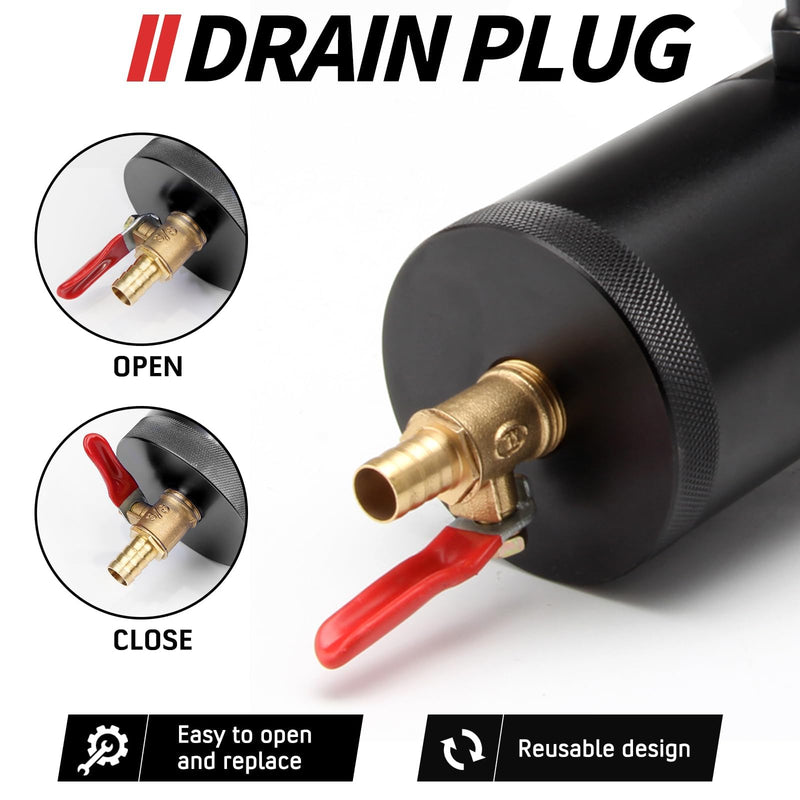 Oil Catch Can Kit with 4 Adapters + Breather Filter Drain Valve Plug 2 Ports (1 oulet + 1 inlet) 150ml Universal Aluminum Baffled Oil Reservoir Tank Oil Separator HTRACING black