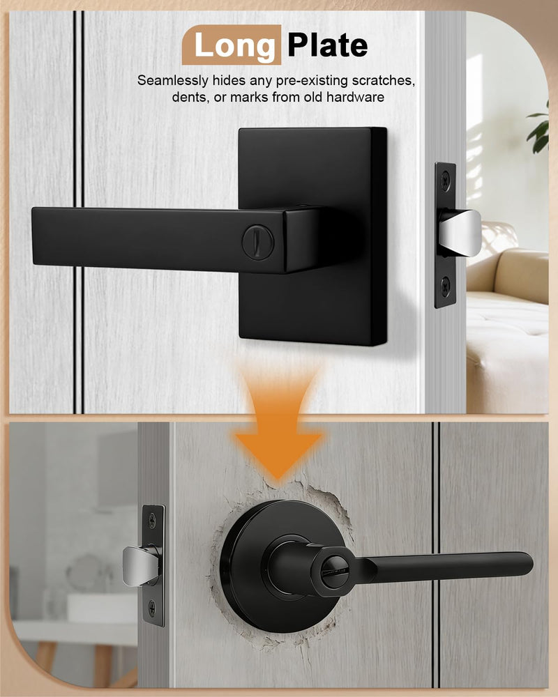 Probrico Interior Privacy Matte Black Door Handle, Long Plate Keyless Door Lever with Lock for Bedroom and Bathroom, 2 Pack