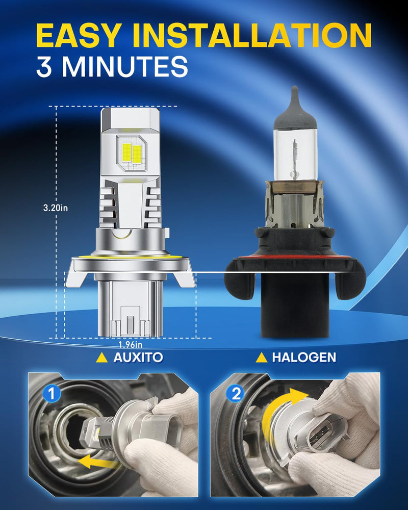 AUXITO Latest H13/9008 Bulbs, 1000% 50,000LM Brighter, 1:1 Halogen Size, 6500K Cool White, 60000Hr+ Long Lifespan, Plug and Play, No Flicker, Pack of 2