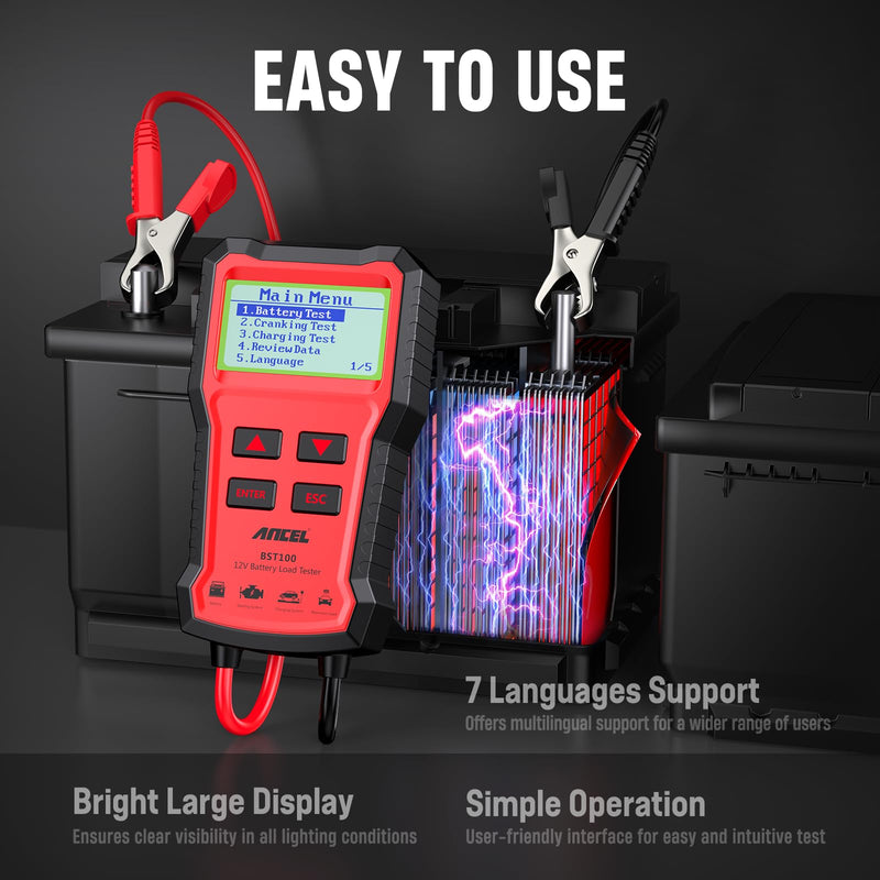 ANCEL BST100 Car Battery Tester 12V, 100-2000 CCA Load Tester Digital Automotive Alternator Battery Analyzer Charging Cranking Tester for Car, Motorcycle, SUV, Boat