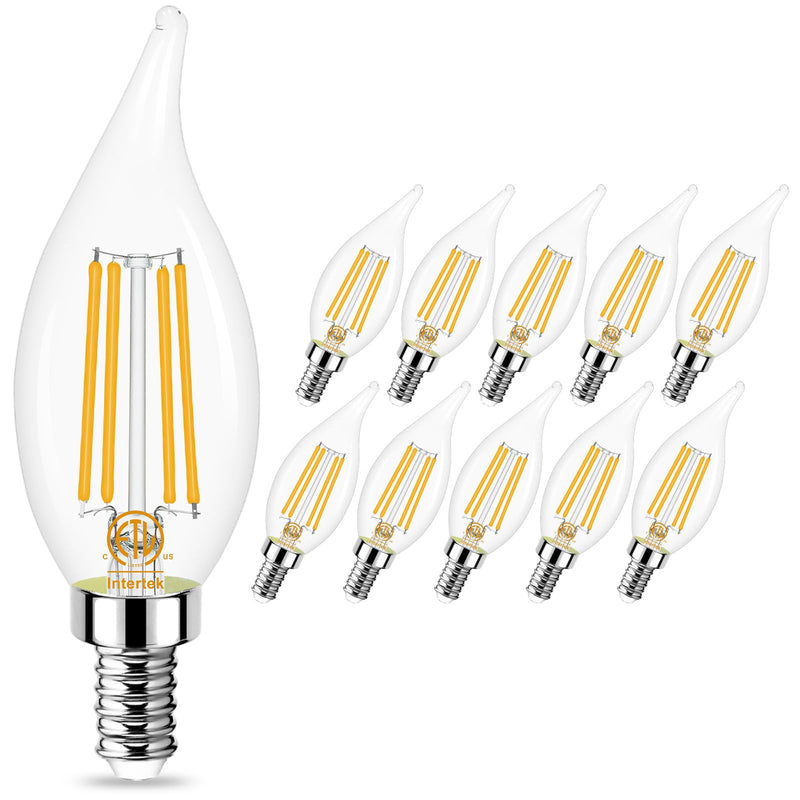 E12 Candelabra LED Bulb 60W Equivalent, Dimmable 3000K Warm White, Flame Tip, 4W, 500LM, 120V, CRI 85, for Chandelier, 10 Pack 10 Count (Pack of 1)