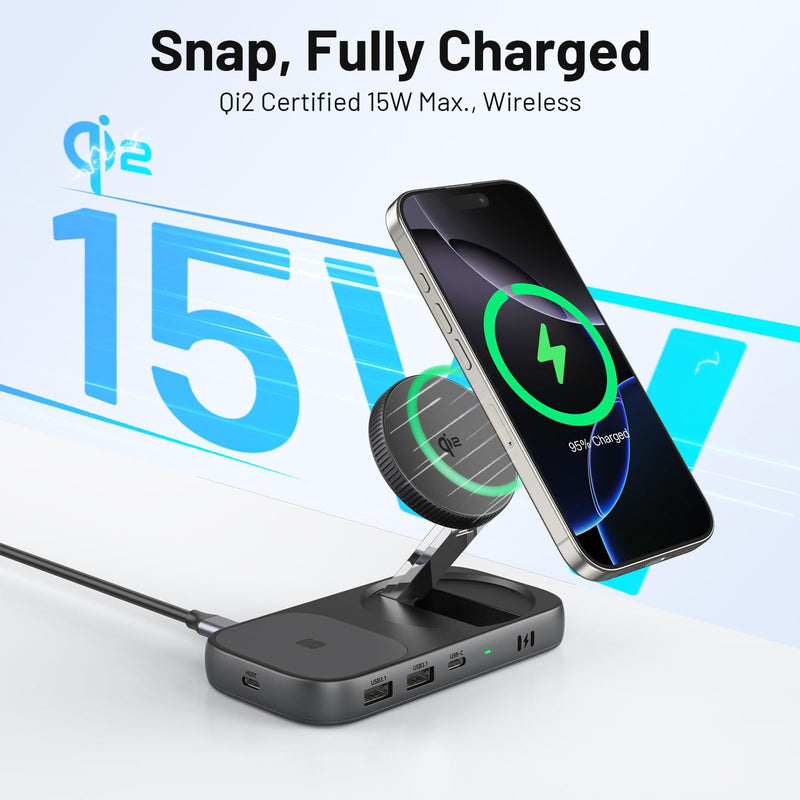 Selore USB C Hub with Wireless Charging for MacBook: 4K@60Hz HDMI, 100W PD, 15W Qi2 + 5W Wireless, 10Gbps Ports, iPhone Mirroring Docking Station & Magsafe Stand, Space-Saving Desk Organizer(Black) Black