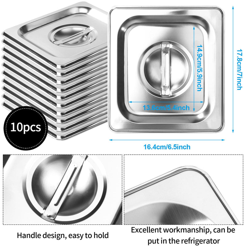 10 Pack 1/6 Size Steam Table Pan Covers Universal Handled Food Pan Lid Stainless Steel Pan Lid with Handle Restaurant Commercial Hotel Food Pan Cover 7 x 6.5 Inch for Fruits Vegetables