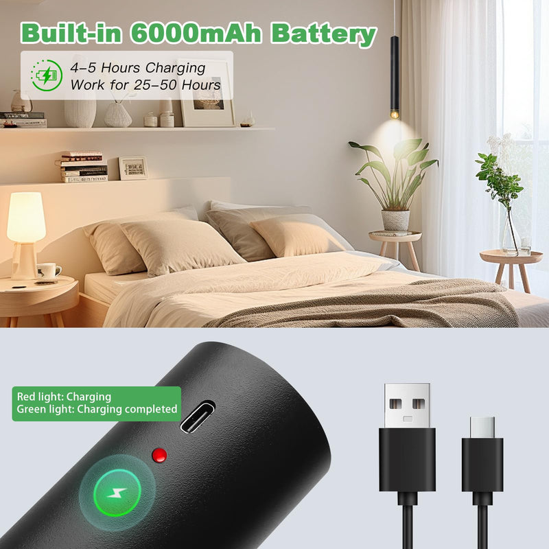 Rechargeable Pendant Lights Fixtures for Kitchen Island, Modern Pendant Light, 6000mAh Battery, 3 Color Dimmable No Wiring Hanging Lights, Adjustable Industrial LED Cylinder Pendant Lamp-Black