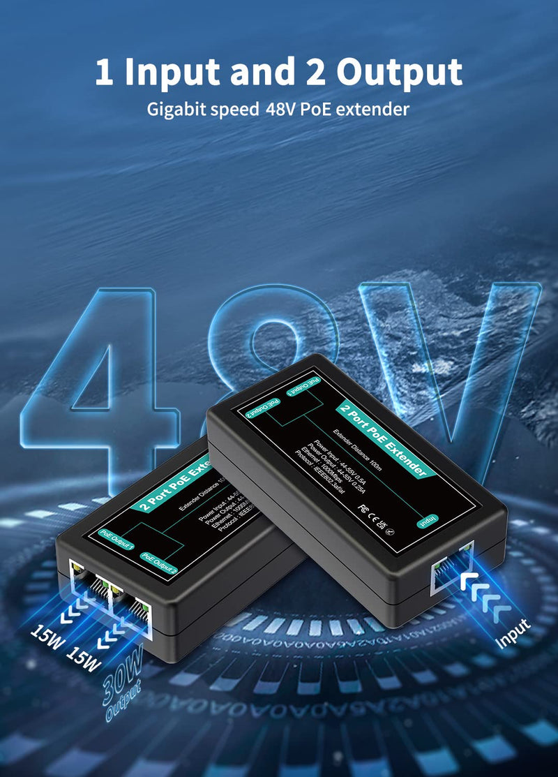 1 in 2 Out Gigabit PoE Extender, NICGIGA 2 Port PoE Repeater 100 Meters(328 ft),IEEE 802.3af/at Power Over Ethernet PoE Splitter to 2 PoE Devices Like IP Cameras, IP Phone, Wireless AP 3 Port | 2* 1000Mbps Out PoE