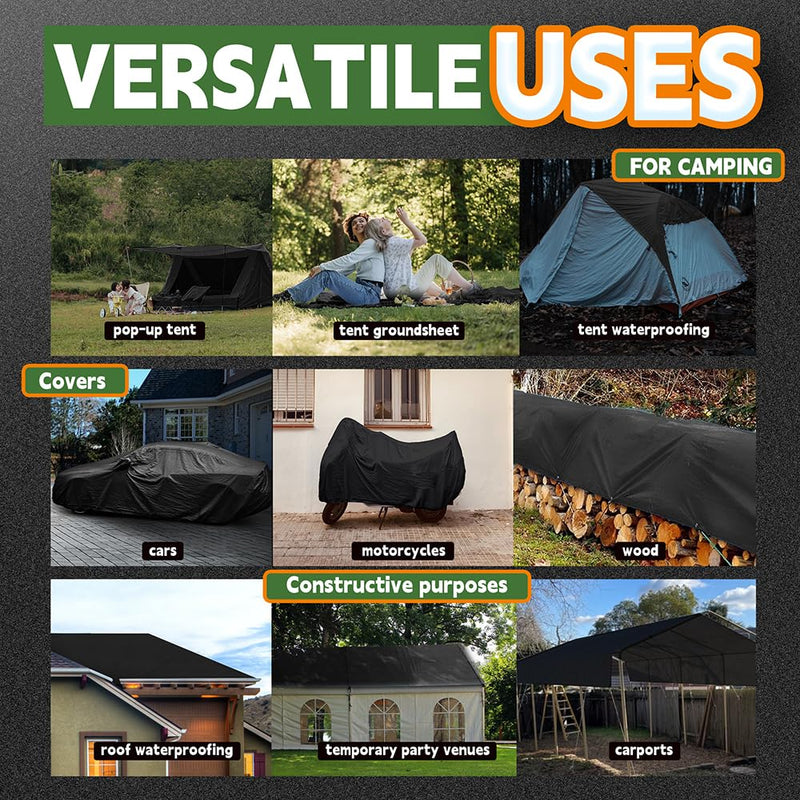 Small Black Tarps 4x6 Feet (2 Pack), UV Resistant, 8 Mil Multipurpose Medium Duty Waterproof Poly Tarp Cover with Metal Grommets and Reinforced Edges by RAINDEWAY Black-8mil 4'x6' (2 Pcs)-Finished Size