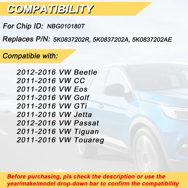 Vurkcy Key Fob Replacement for 2011-2016 VW Tiguan Golf CC Eos GTI Jetta Touareg Passat Beetle Car Keyless Entry Remote Control, NBG010180T, 4-Btns, 2Pcs