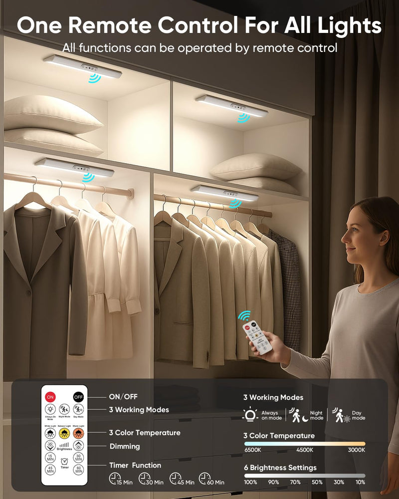 Motion Sensor Closet Lights with Eye Protection Design 400 Lumen Pantry Light Under Cabinet Wireless Lights with Remote Control,3 Color Temp,Rechargeable Night Light for Wardrobe,Cabinet,Kitchen,Shelf Silver 3 Pack