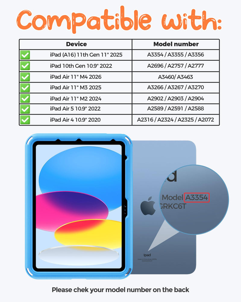 ProCase Kids Case for iPad 11th(A16)/10th, iPad Air 11" M4/M3/M2, Air 5/4th | Shockproof Cover, 360° Ring Stand, Pencil Holder, Shoulder Strap, Drop & Scratch Resistant for Toddler Tablets -Blue Silver iPad A16 11th 2025 /10th 2022
