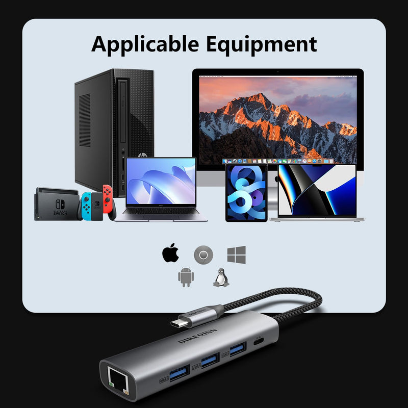 USB 3.0 Hub with Gigabit Ethernet, 3-Port USB-A 5Gbps + USB-C Power Port for MacBook, Dell, HP, Surface (Plug and Play) (USB-C)