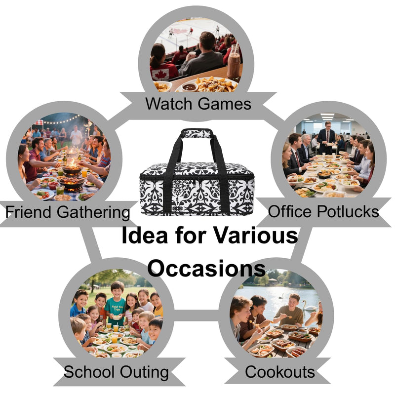 Insulated Casserole Carrier Bag - Portable Thermal Food Delivery Bag for 9x13/11x15 Inch Pan - Keep Meals Hot/Cold 4+ Hours for Catering, Festival Potlucks, Picnics, Family Gathings or Outdoor Events Black/White 16.53x 11.4x 4.7 in