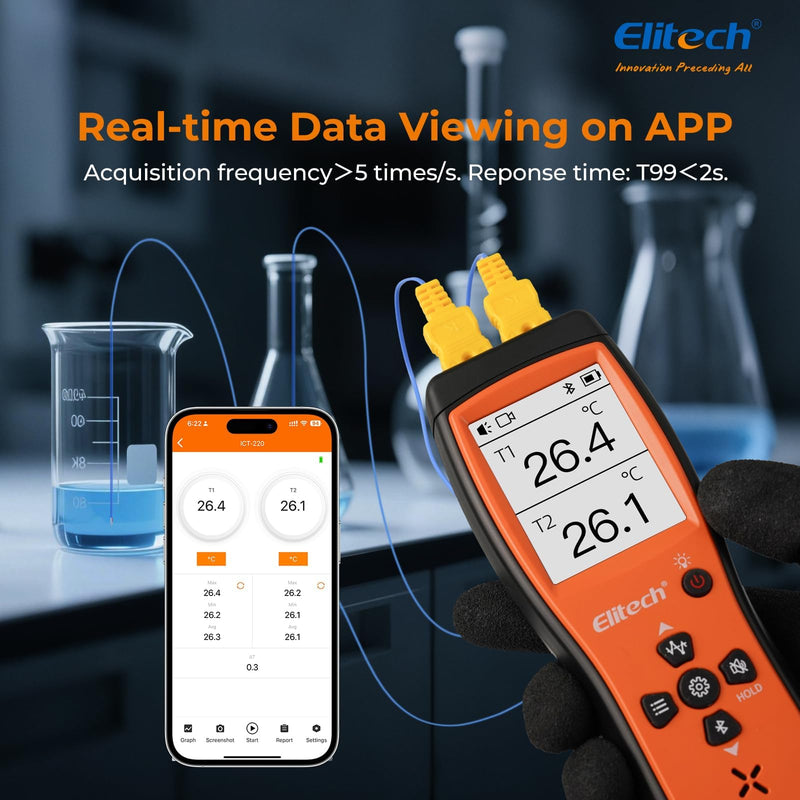 Elitech Bluetooth Thermocouple Thermometer Digital Temperature Data Logger K-Type, APP Real time Data, 5000 Points Capactiy(Optional),OTA Remote Firmware Upgrade, ADJ Compensation, 2 Channels HVAC Lab