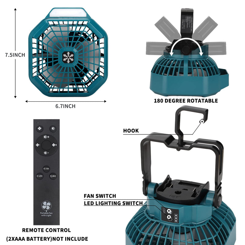 Taingwei Cordless Fan with Remote for Makita 18v Battery,Camping Fan with 3 Energy Efficient Speed Settings and Dimmable Led Light (TOOL ONLY) Camping Fan