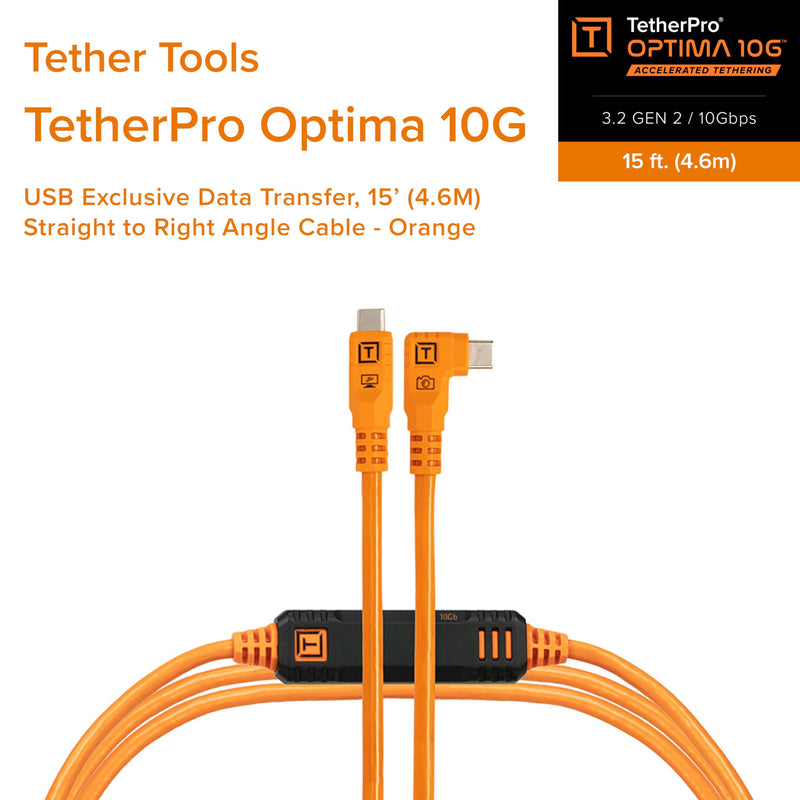 TetherPro Optima 10Gbps Gen 2 USB-C, 15' (4.6m), Straight to Right, High-Visibility Orange 15' (4.6m)