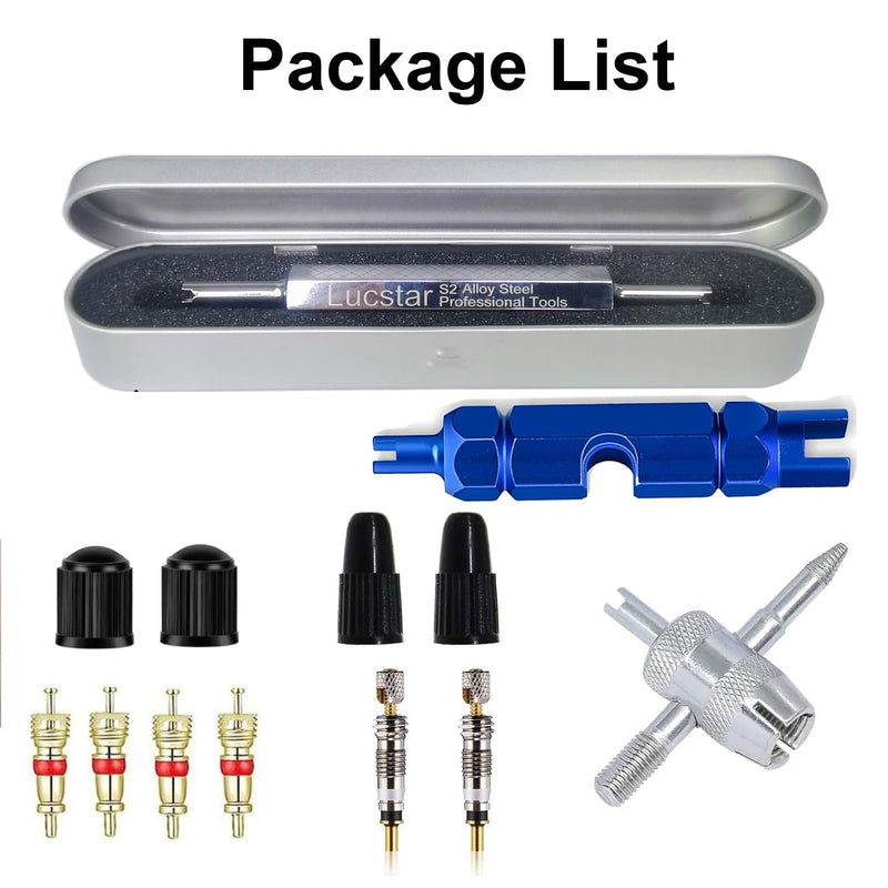 Lucstar Tire Valve Stem Removal Tool Kit, R134A R12 A/C Schrader Valve Stem Core Remover Tool for Car Bicycle Tyre RV Truck, 4 Schrader/Presta Valve Caps, 6Pcs Valve Core, 3 Automotive Tools Wrench A-13