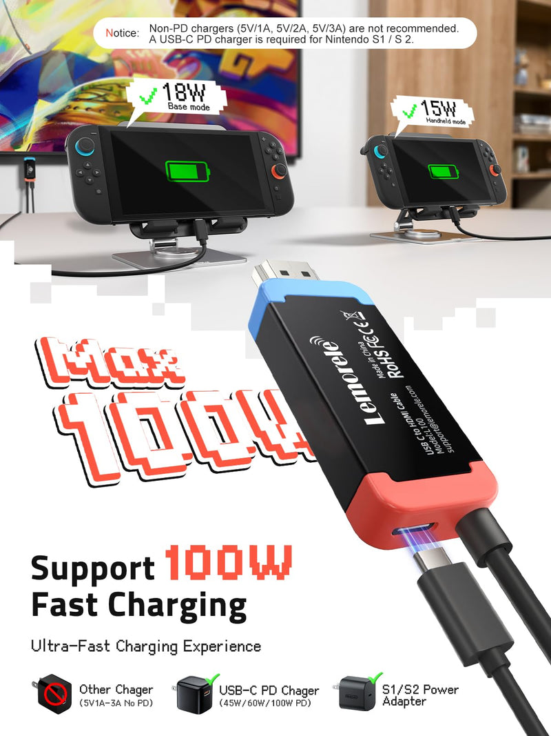 Lemorele 100W PD USB‑C to HDMI Adapter Cable for Switch 2, 4K@60Hz | Compatible with Switch OLED/Original, MacBook, Steam Deck, ROG Ally. DP Alt Mode required. 3.28ft Plug-and-Play Cable
