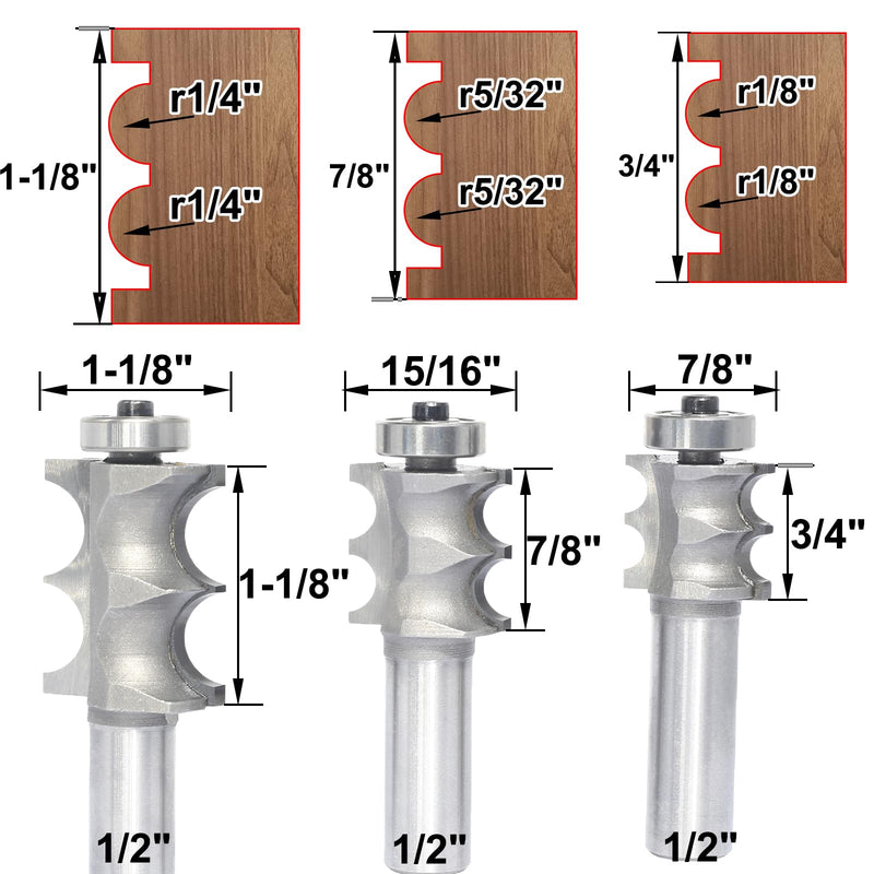 3Pcs Double Beading Router Bits 1/2" Shank,Cutting Height 3/4",7/8",1-3/8" Pair Beads,Dual Bead Columns for Furniture Molding,Perfect Edge Mould Cutter for Shelf with Ball Bearing Guided 3pcs-1/2"S