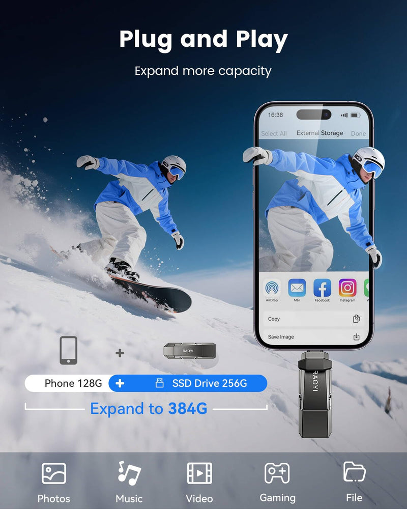 RAOYI 256GB USB C External SSD, 2-in-1 Solid State Drive Up to 450MB/s Dual USB 3.2 + Type-C Thumb Drive Portable SSD Drive for iPhone 15/16, Android, Tablet, PC and PS4 Gray