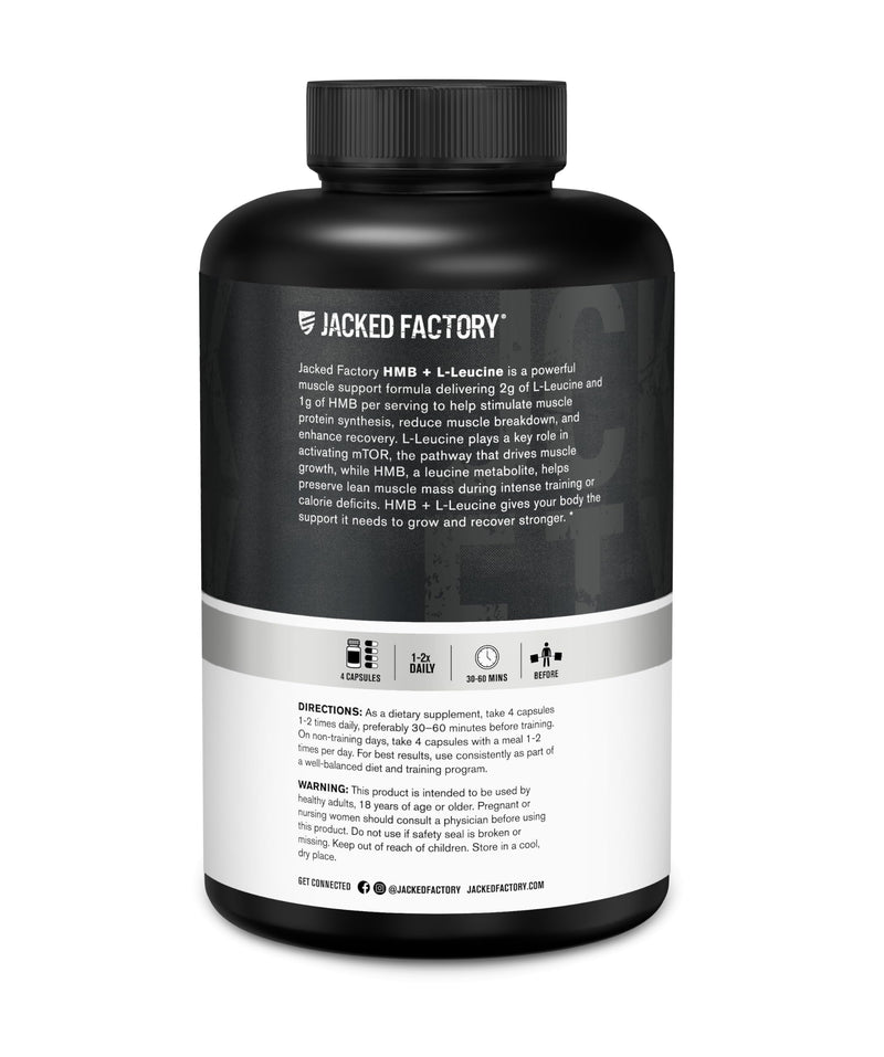 Jacked Factory HMB + Leucine Capsules - L-Leucine 2g, HMB 1g - Stimulate Muscle Growth, Protect Lean Muscle Mass, and Improve Athletic Performance - 180 Capsules 180 Count (Pack of 1)