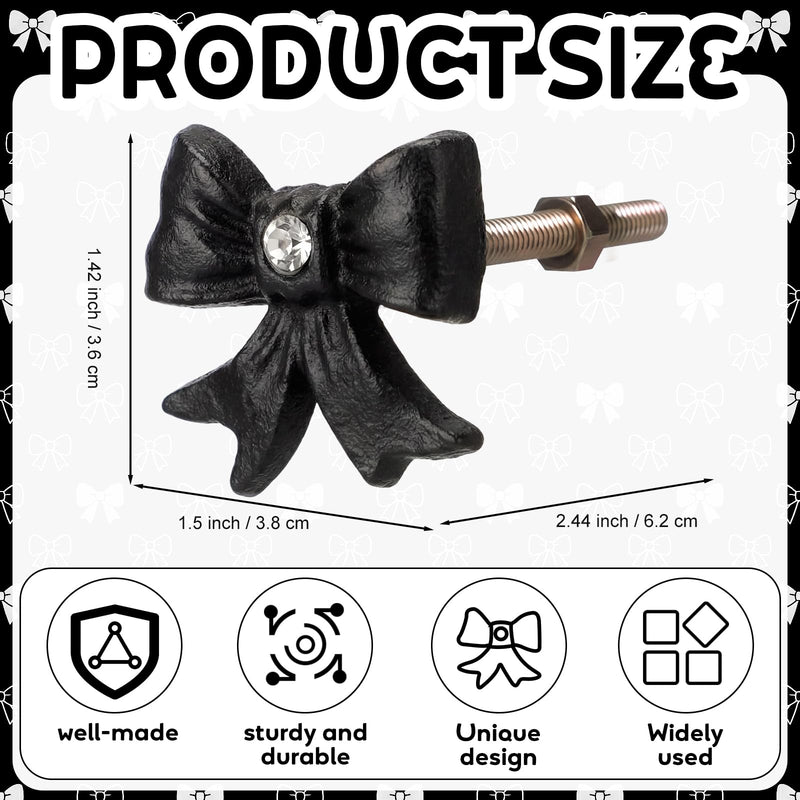 MorningRo 8 Pcs Black Bow Dresser Knobs with Diamond Small Coquette Decor Back to School Cast Iron Drawer Cabinet Knobs for Dorm Girly Bow Drawer Pull Handles for Women Girls Vanity Wardrobe Bedroom