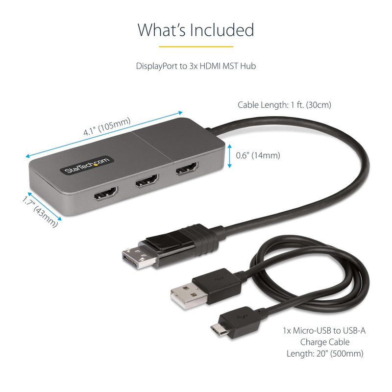 StarTech 1ft DisplayPort 1.4 to 3X HDMI MST Hub, Triple 4K 60Hz, HDR