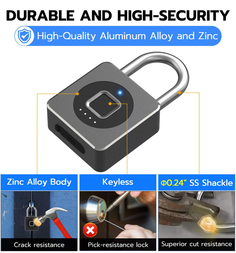eLinkSmart Fingerprint Gym Locker Lock, Keyless Biometric Padlock, Weatherproof Electronic Digital Bluetooth App Smart Combination Pad Lock for Outdoor Fence Gate Storage Unit Pool Shed - Black
