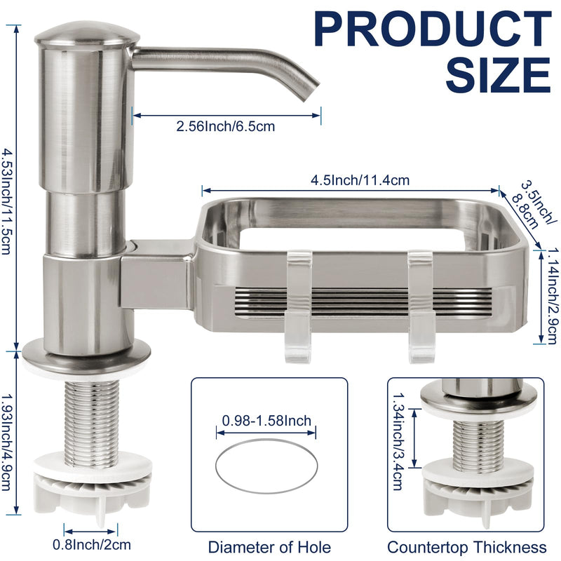 Soap Dispenser for Kitchen Sink, Built in Sink Soap Dispenser Pump with Sponge Holder, Brushed Nickel ABS Sink Dish Soap Dispensers Under Counter, with 39" Extension Tube Kit,No Refill Needed