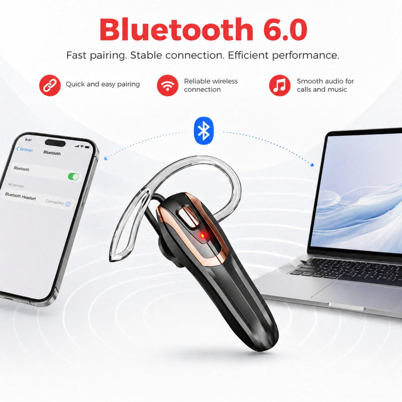 Bluetooth Headset,Bluetooth Earpiece Noise Cancelling Mic, Trucker Headset 38H Talk Time, All-Day Comfort, Quick Mute - Single Ear Bluetooth Headset for Work, Travel, Driving