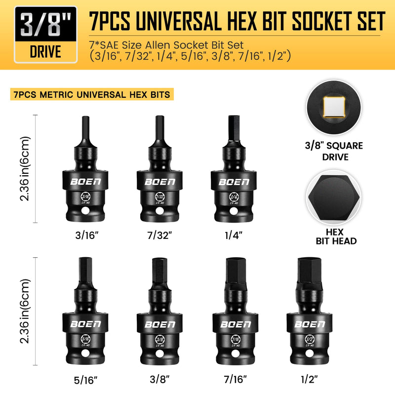 boen 3/8" Drive Universal Hex Bit Socket Set, 7-Piece SAE Impact Swivel Allen Bit Sockets, 360° Rotation Flexible Wobble Hex Bit Driver Socket Set, With Storage Rail, CR-MO Steel HEX-SAE