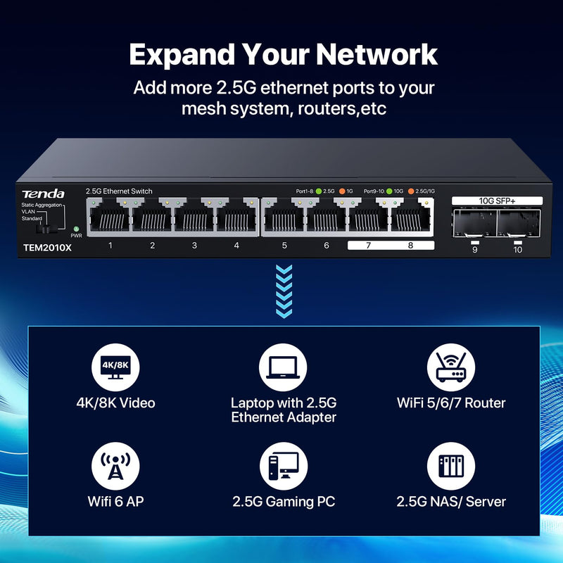 Tenda TEM2010X 8 Port 2.5G Ethernet Switch, Unmanaged 2.5Gb Switch with 8 x 2.5G Ports & 2 x 10Gb SFP+ Slots, Support VLAN & Static Link Aggregation, 80Gbps Switching Capacity, Fanless Metal Design