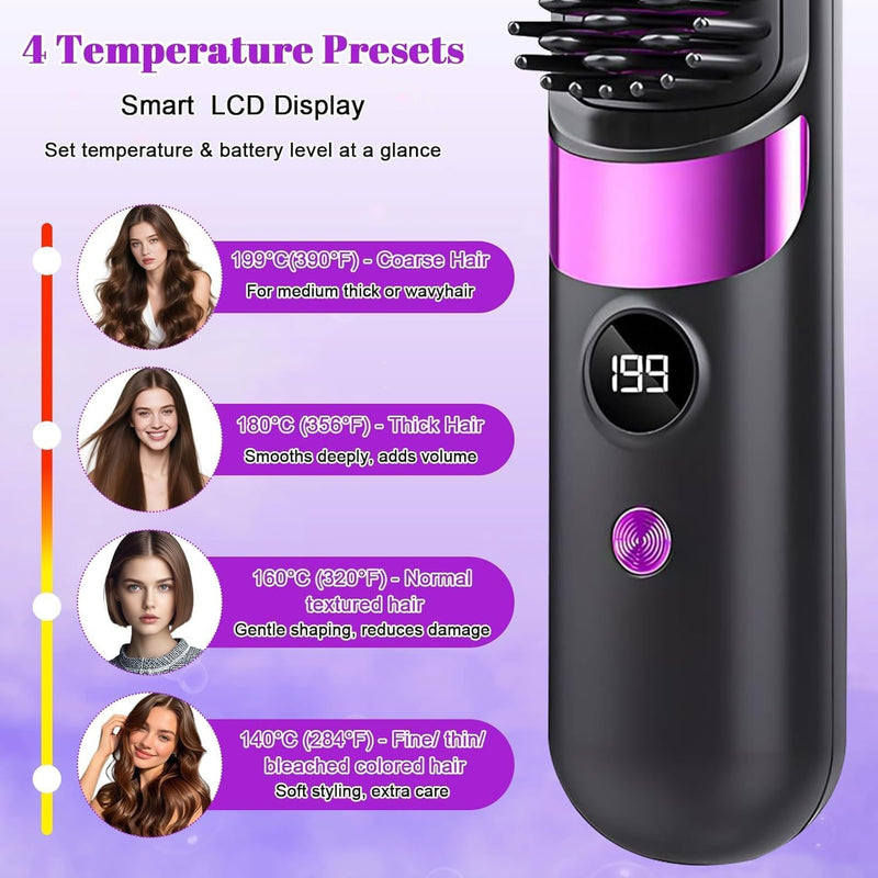 Go Brush Pro UK Cordless Hair Straightener Brush, Portable Rechargeable Ceramic Styling Brush with 4 Heat Modes & LED Display, Hair Gobrush Pro Rechargeable Straightener Hot Comb for Travel