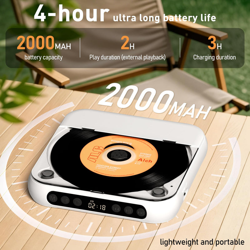 ZYOKATA CD Player Portable with Speakers Rechargeable for Home Audio Book with Headphones LCD Screen, Small Kids CD Players Bluetooth for Car Shockproof Support CD/AUX/USB (White)