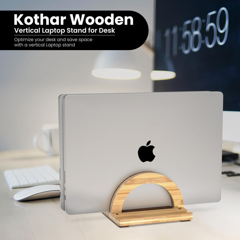 Kothar Premium Wood Vertical Laptop Stand - Adjustable Dual Slot Bamboo Holder for MacBook, Dell, HP, and More | Space-Saving Desktop Organizer | Eco-Friendly, Sleek & Durable Design Natural
