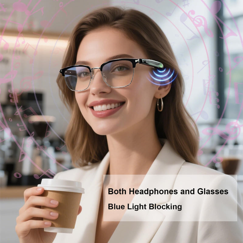 Bluetooth Blue Light Glasses for Women Men, AI Voice Assistant, Open Ear Speakers, Clear Bluelight Filtering Smart Glasses (Gold)