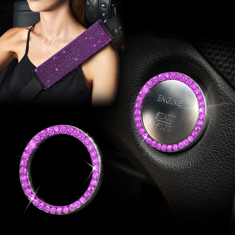 11 Pcs Bling Car Accessories Set,Bling Car Accessories Set for Women,Steering Wheel Cover for Women Universal Fit 15 Inch,Rhinestone Center Console Cover(Purple) Purple