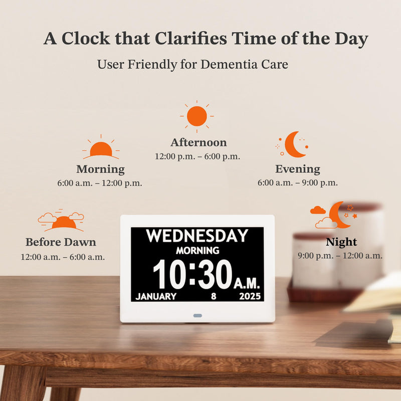 2025 NEW, Digital Clocks, 7'' Dementia Clock with Date and Time for Elderly, Auto-Dimming, 12 Reminders & 6 Alarms, Button & Remote Control, Auto DST, Digital Calendar for Seniors Large Display White